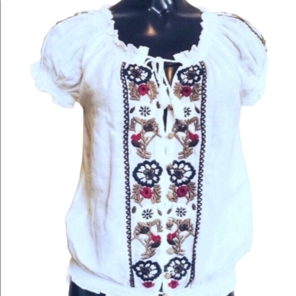 💮Joie Boho festival embroidered floral cap sleeve sheer white peasant top XS